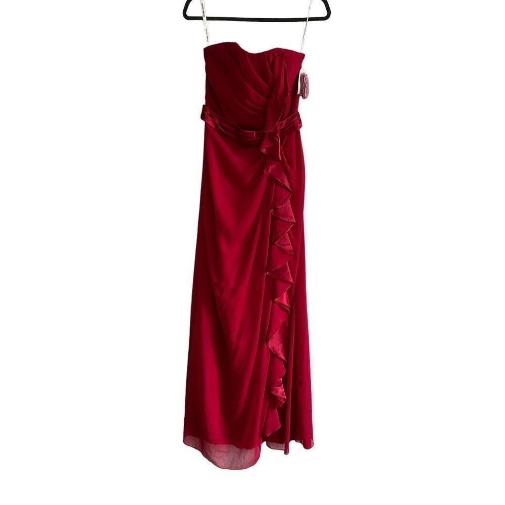 DAVID'S BRIDAL long strapless dress with front ruffle cascade size 4